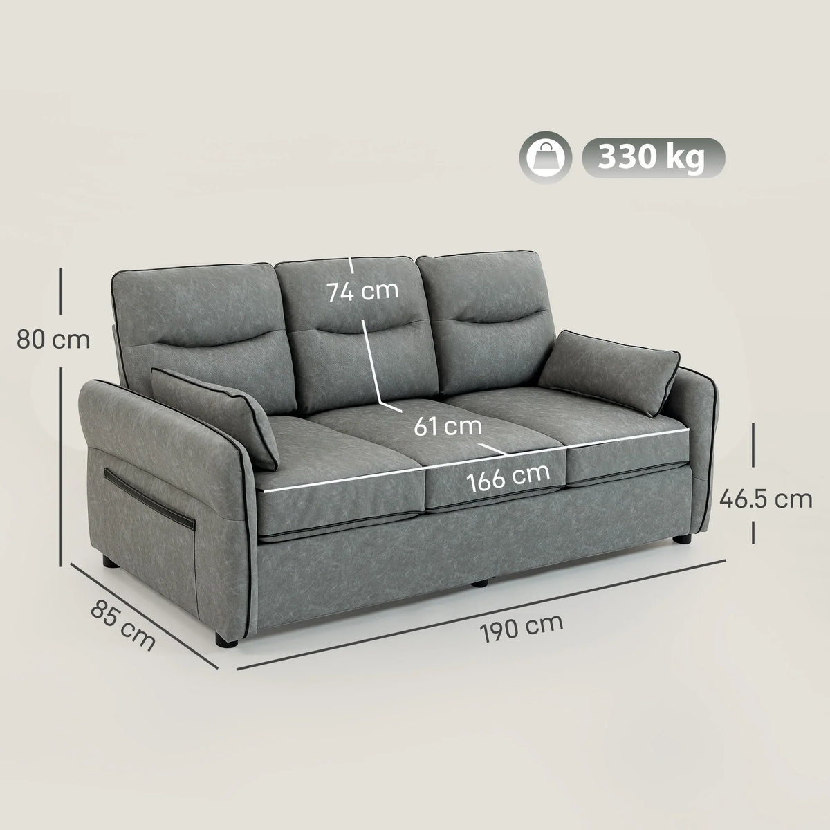 Grey 3-seater faux leather sofa with three seat sections and thick back padding