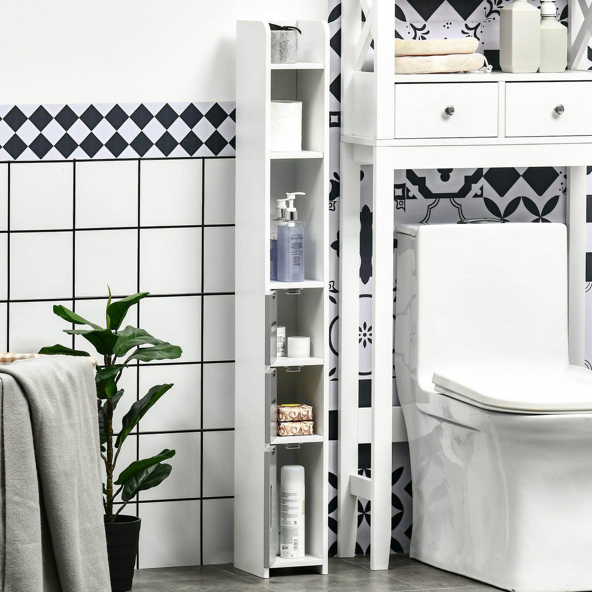 White and grey tall bathroom cabinet with narrow shelves, open compartments next to toilet