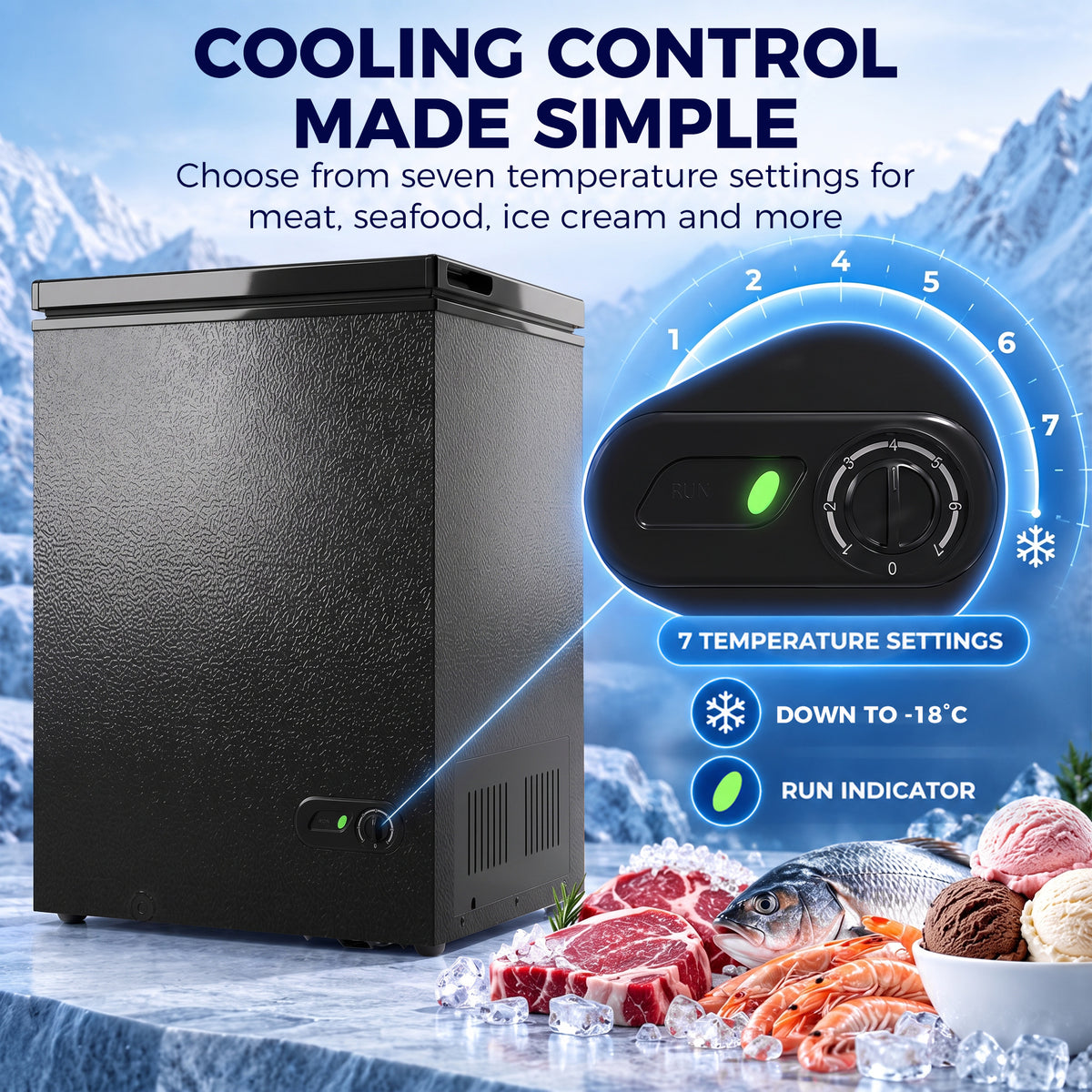 Black chest freezer with control dial and illuminated cooling indicator