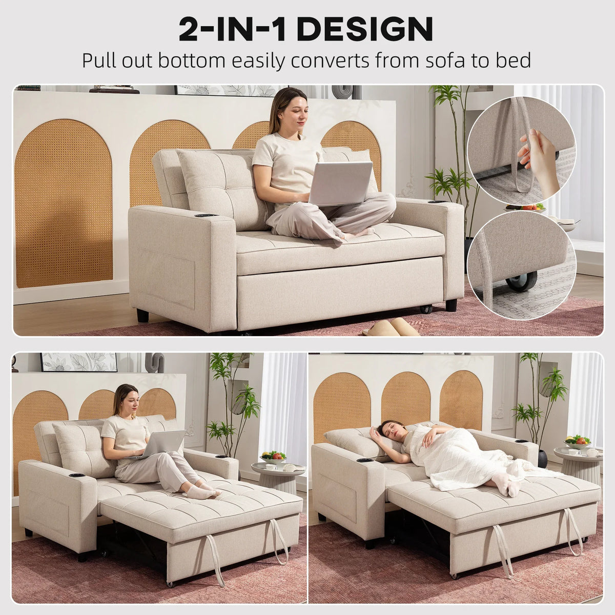 Beige sofa bed with pull-out base, backrest in seated position