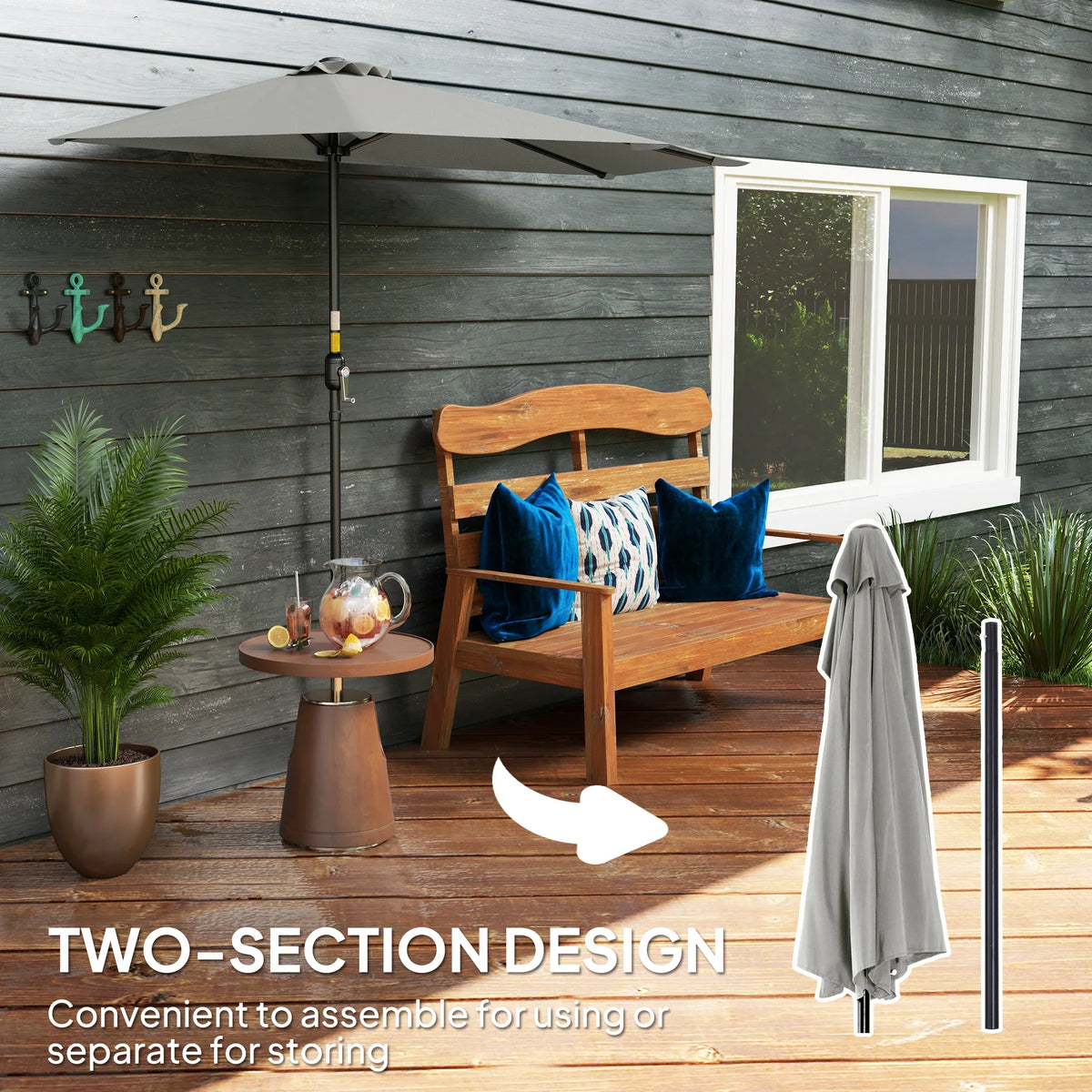 Light grey half-round solar umbrella with two-section design for storing the cover