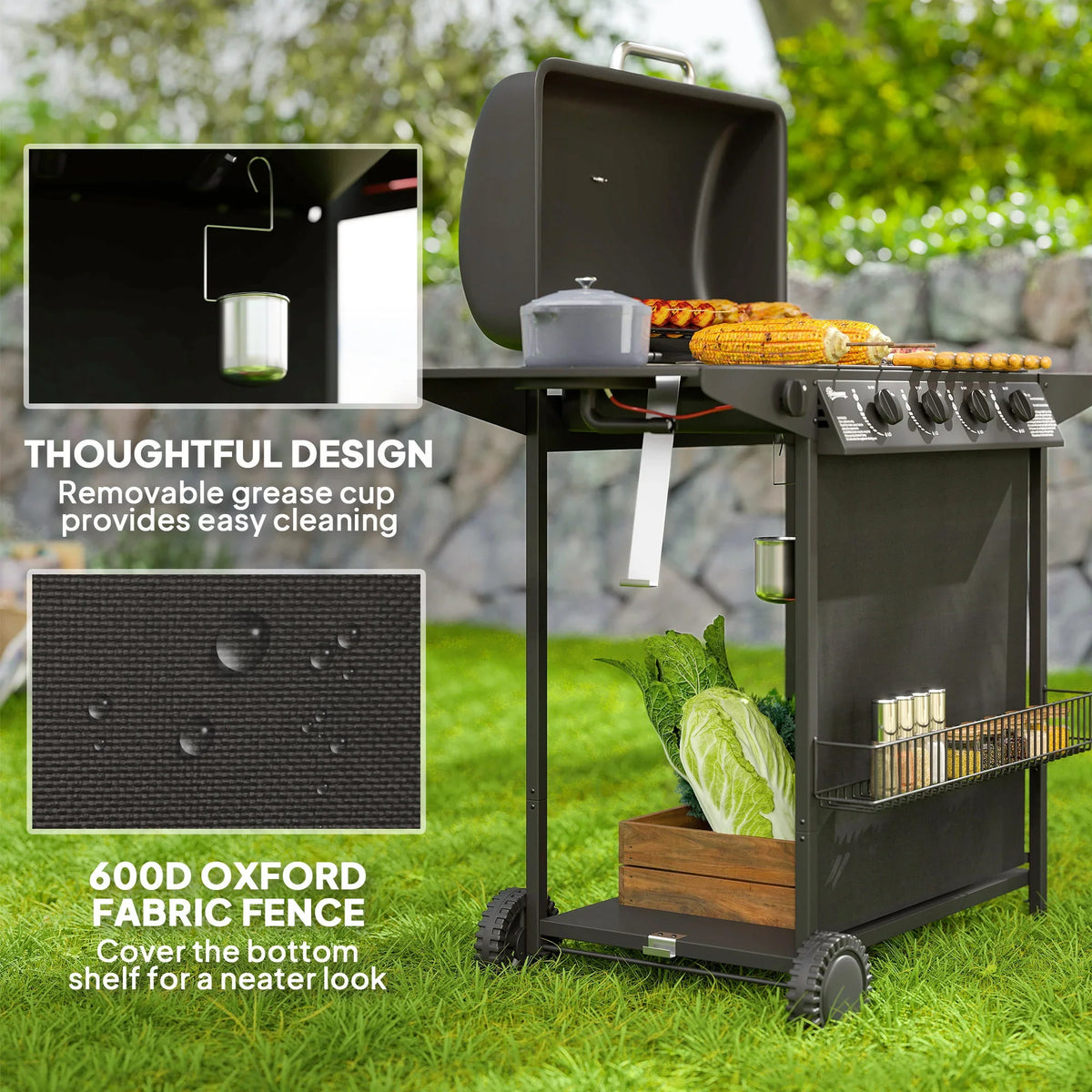 Portable gas BBQ grill with removable grease cup and side spice rack shelf