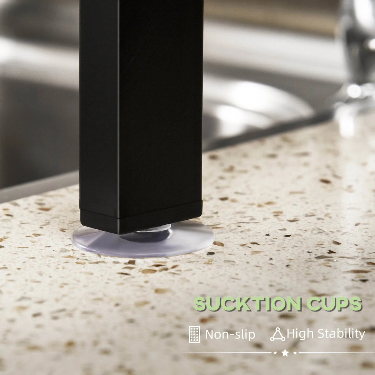 Black dish rack leg with round base for non-slip, stable placement on countertop