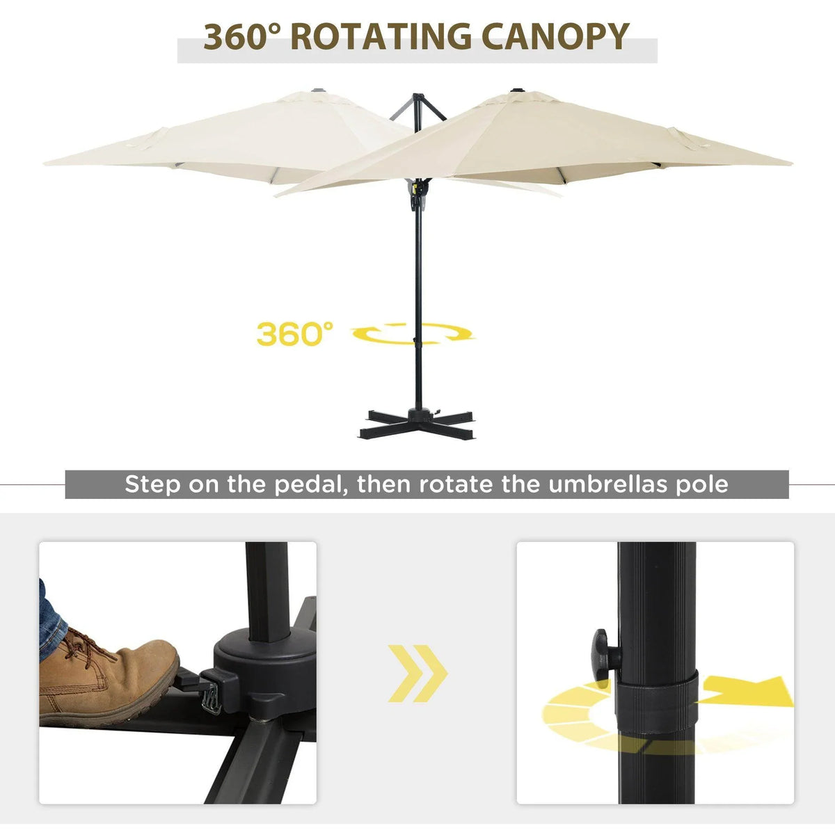 Cream 360° rotating cantilever umbrella with pedal rotation base and crank control