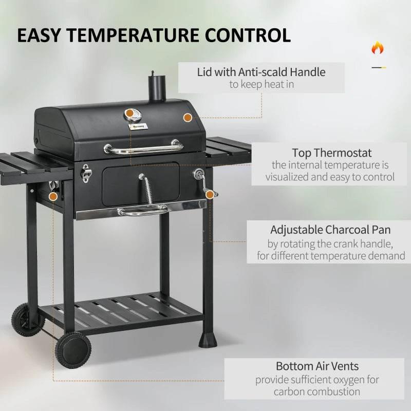 Charcoal BBQ grill front view with lid handle, thermostat, and adjustable charcoal pan
