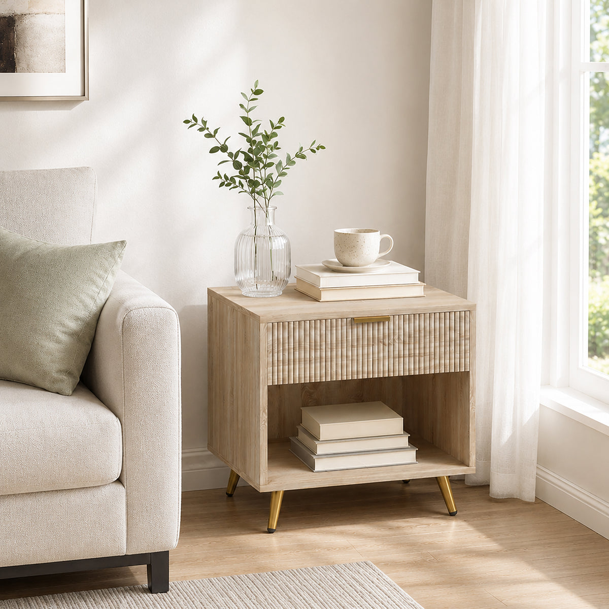 HOMCOM Bedside Table With Drawer Natural Wood Finish Nightstand Bedroom