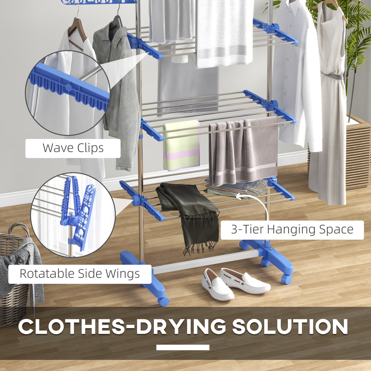Wheeled blue clothes-drying rack with wave clips and rotatable side wings