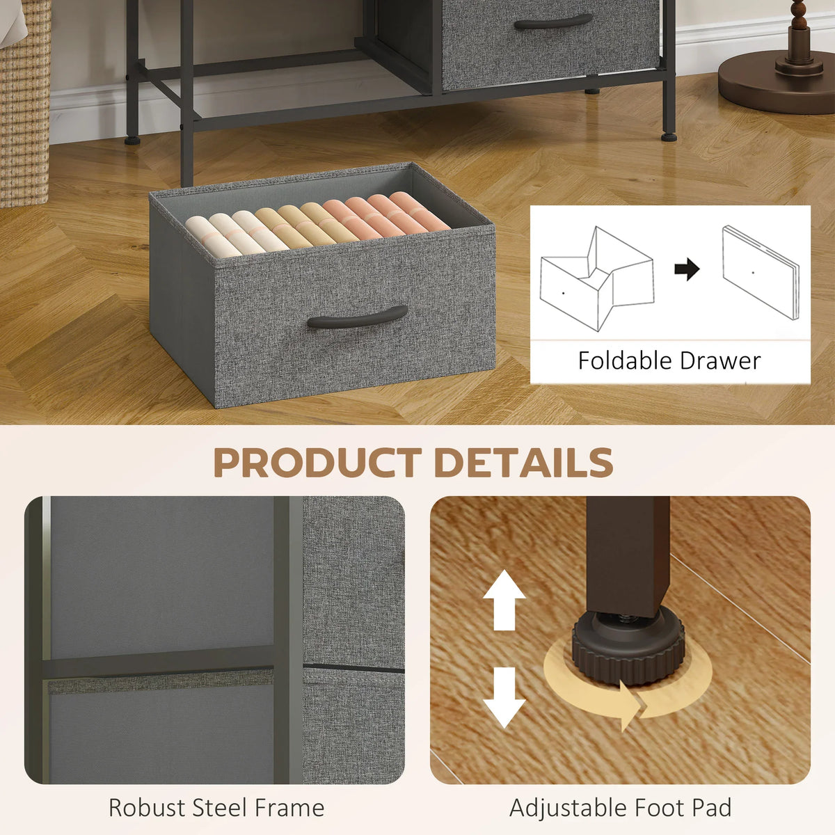 Single grey fabric drawer bin with pull handle, shown on black steel frame and feet
