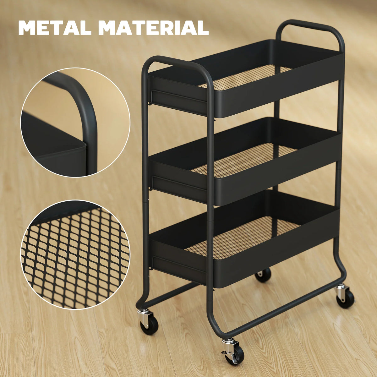 Black metal 3-tier storage trolley with mesh shelves and caster wheel base