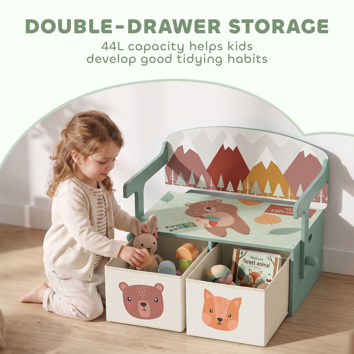 Kids play table and bench with two storage drawers, woodland illustration on panels