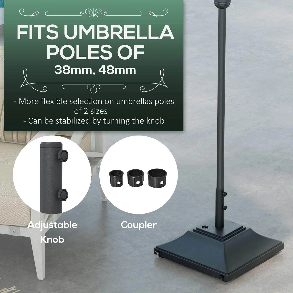 Black parasol base top with adjustable coupler fit for 38mm–48mm umbrella poles.