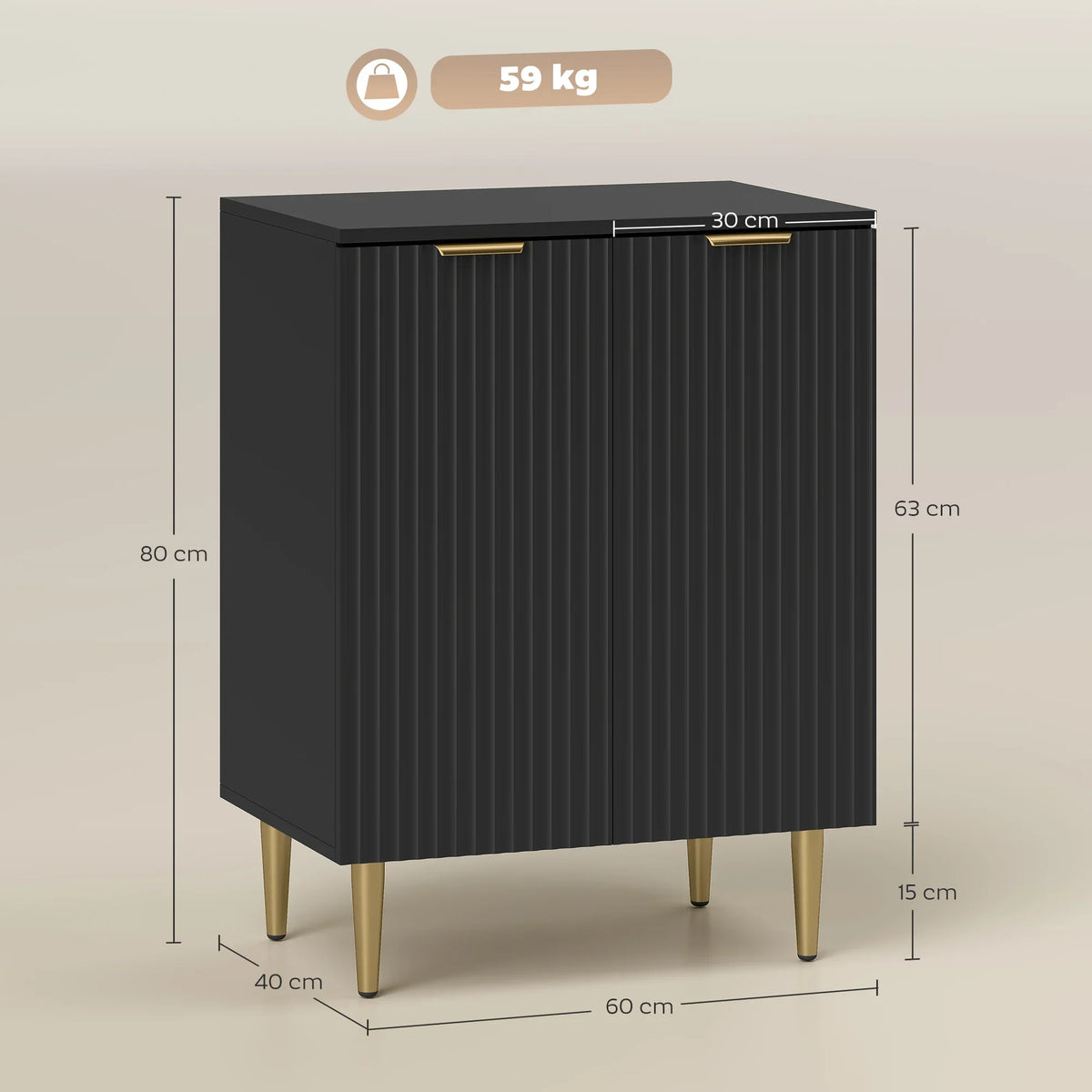 Black sideboard cabinet with two doors and gold metal legs, closed front