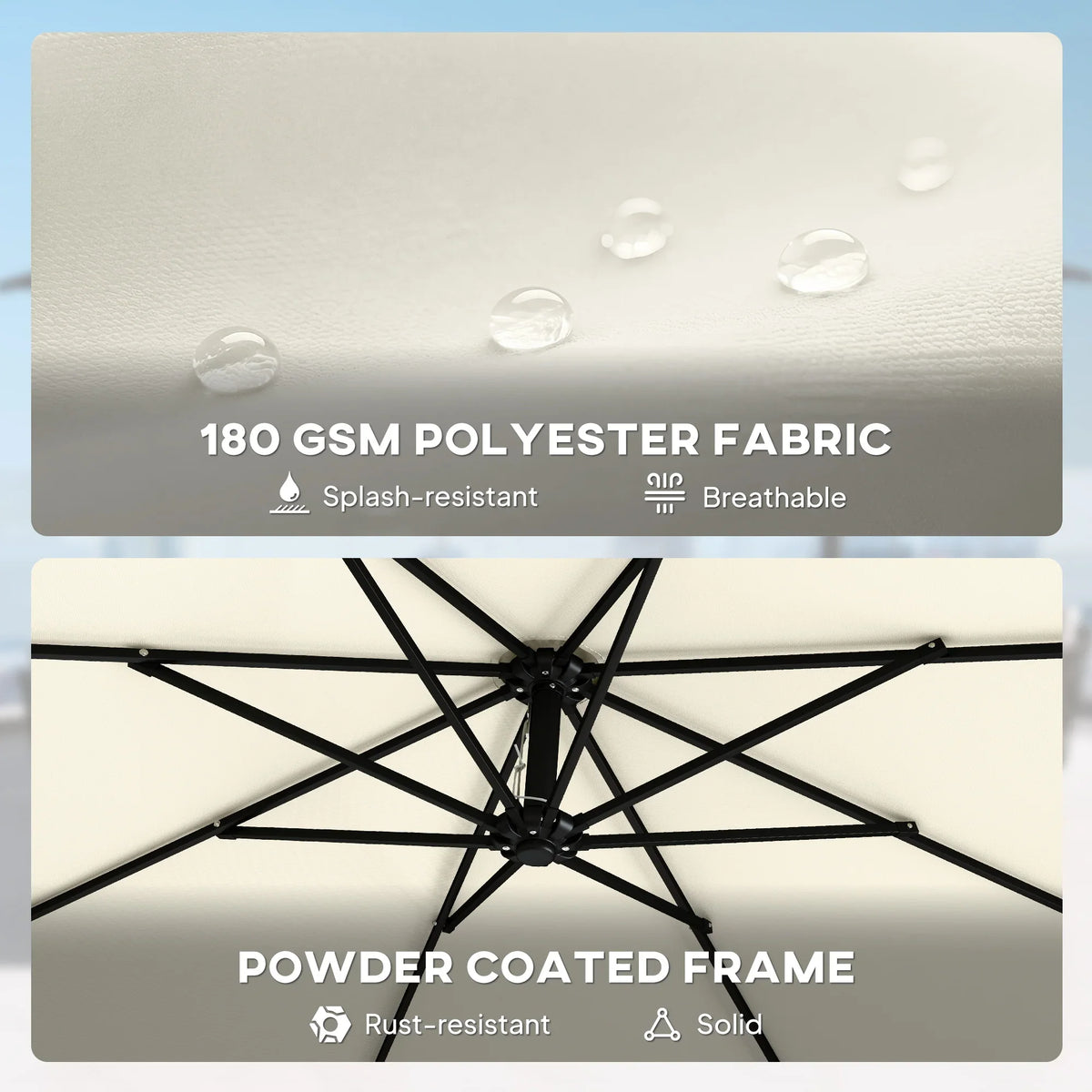 Cream parasol canopy with black powder-coated cross frame details