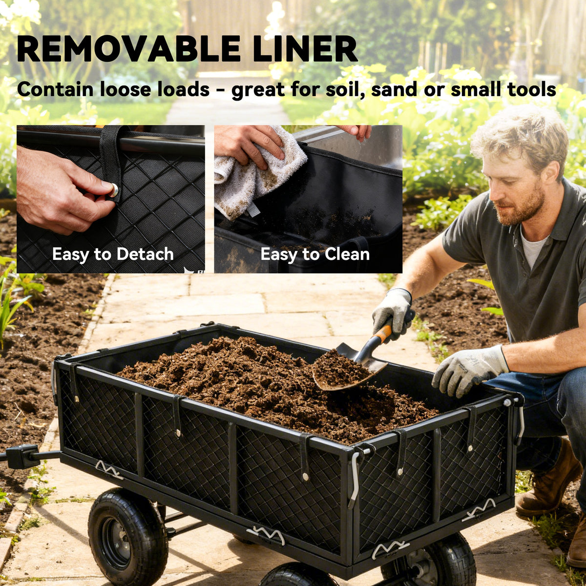 Black steel frame garden cart with removable waterproof liner and mesh side walls