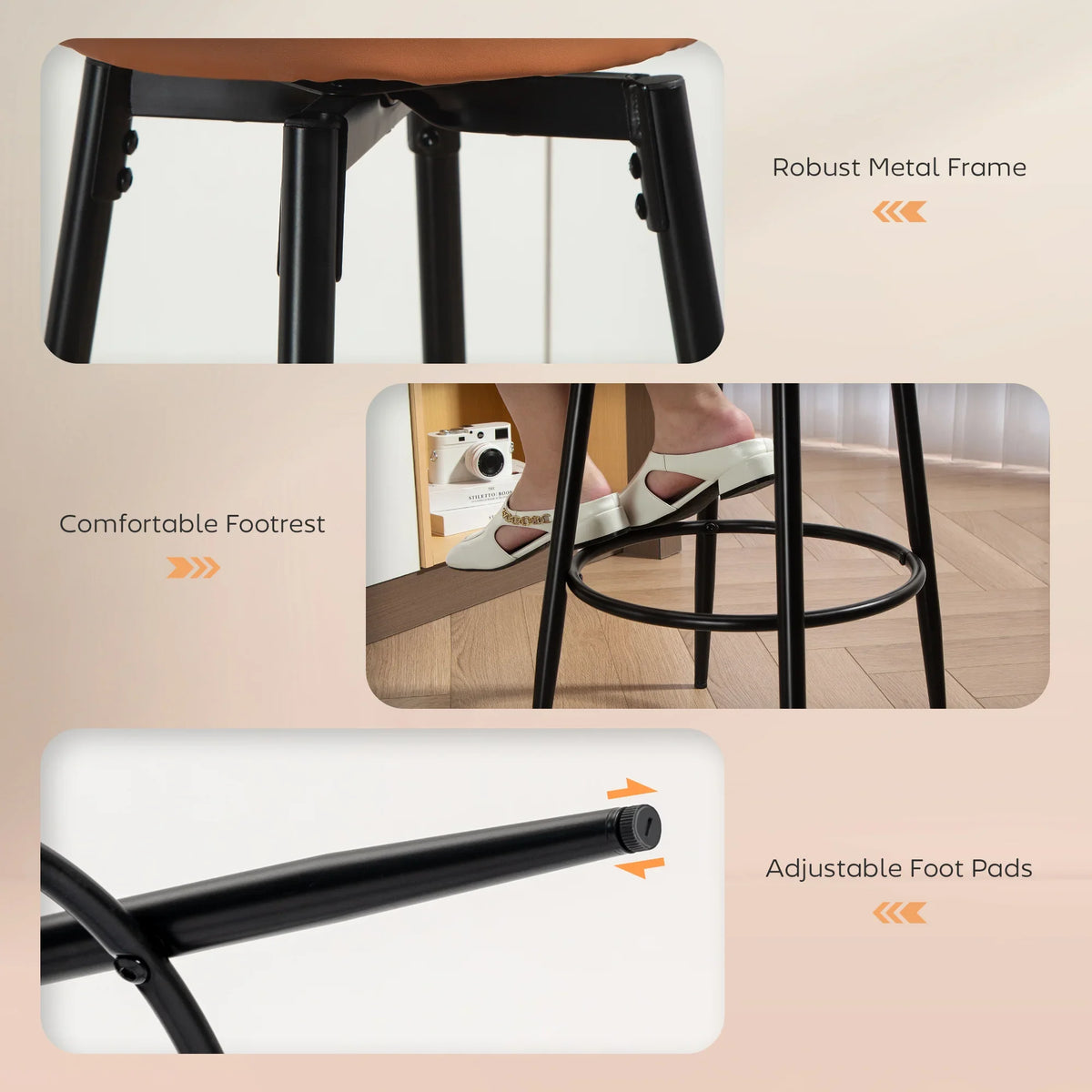 Black metal bar stool frame with round orange seat and white edge stitching