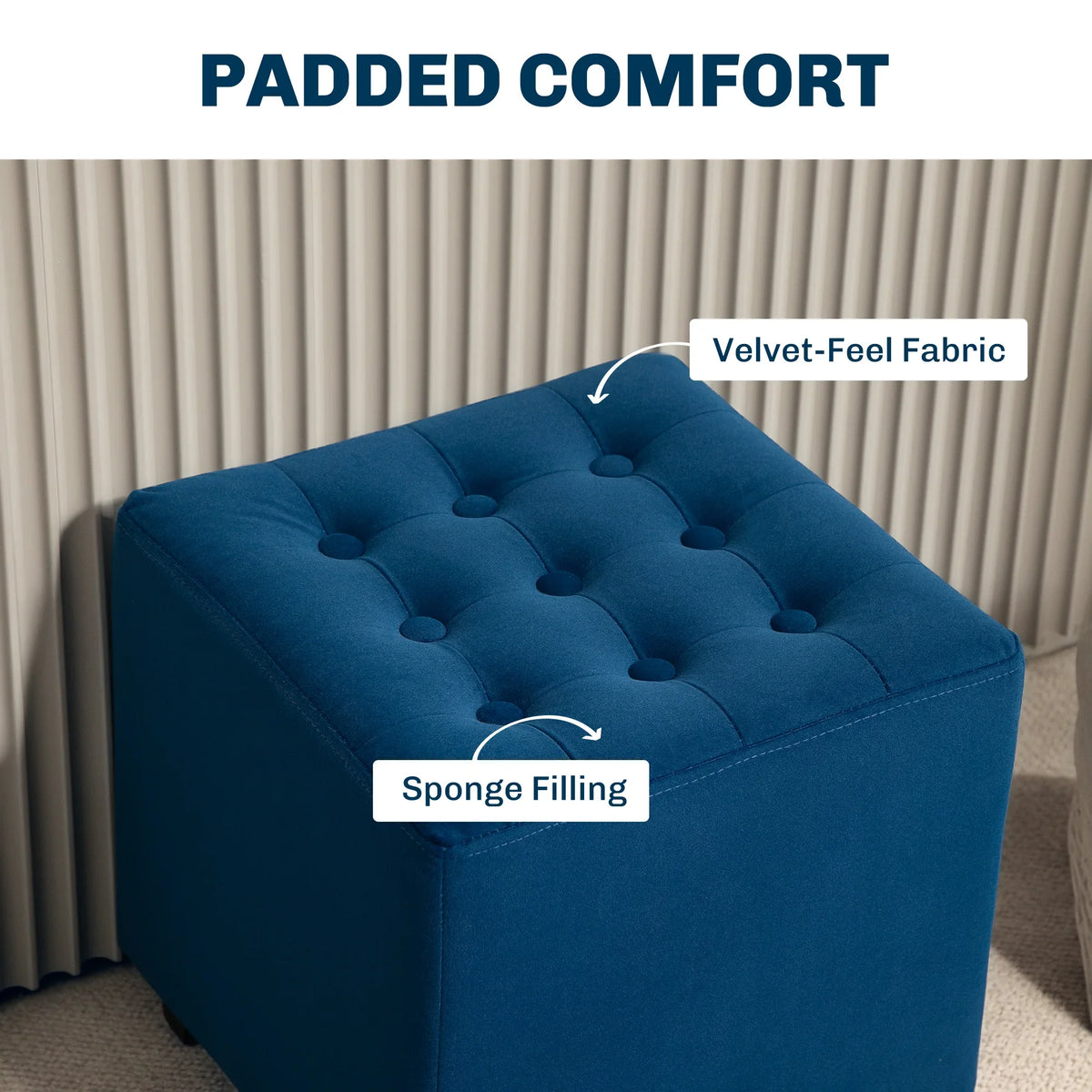 Blue velvet-feel square ottoman with button-tufted top and short legs