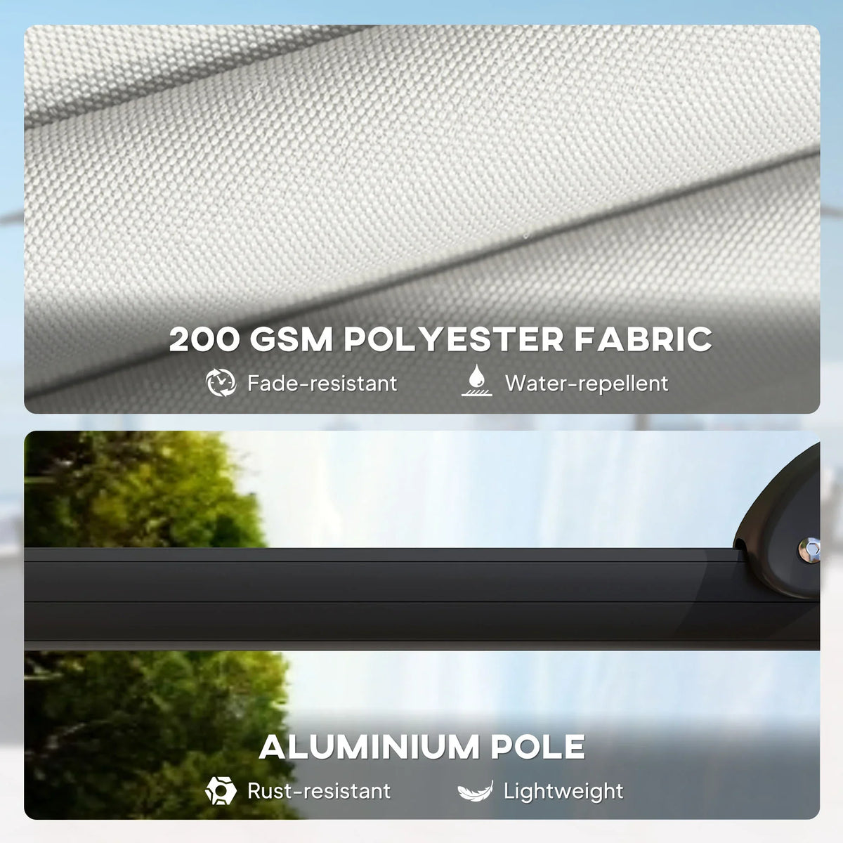 Light cream umbrella canopy fabric texture with black aluminum pole section detail