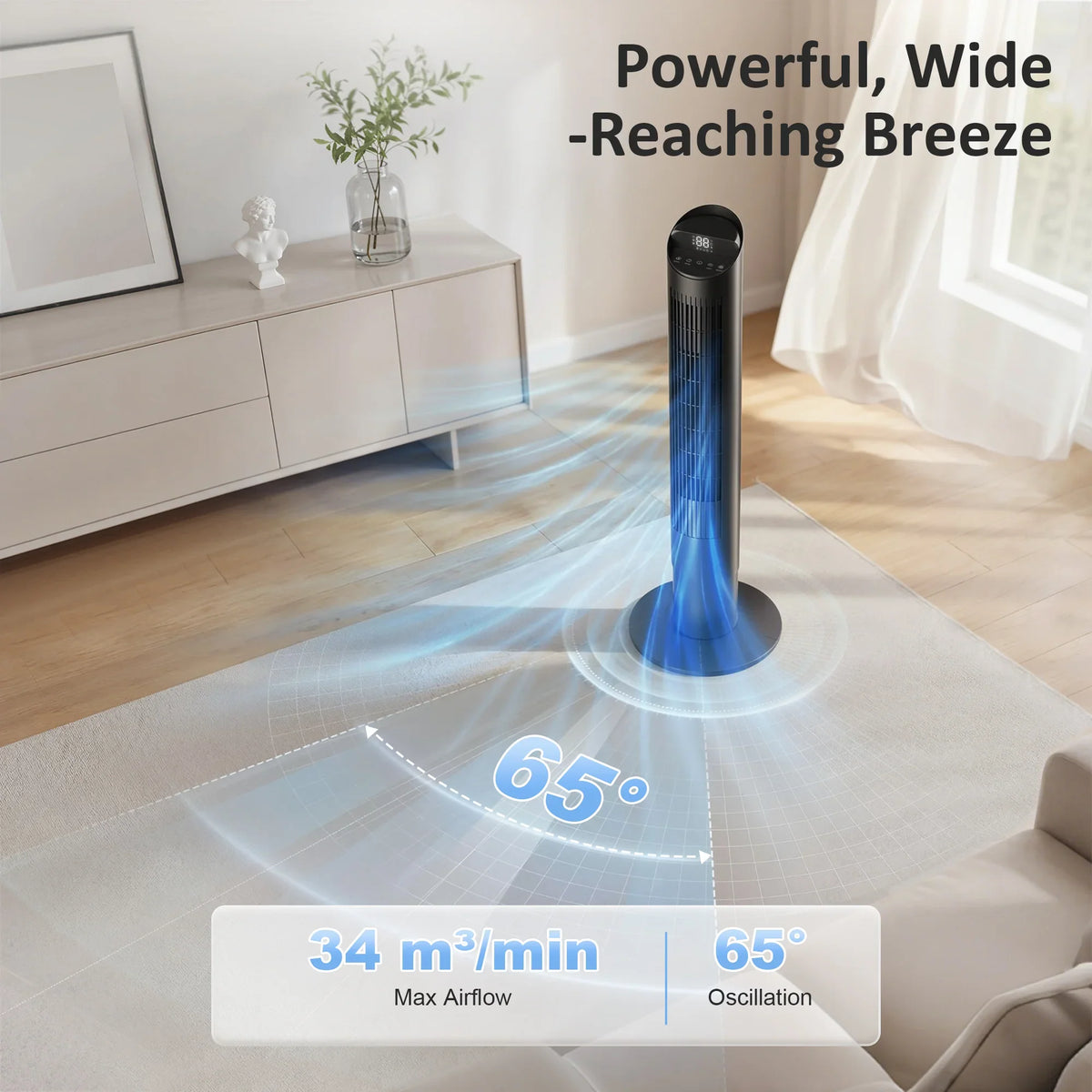 Black tower fan projecting wide airflow upward for room cooling