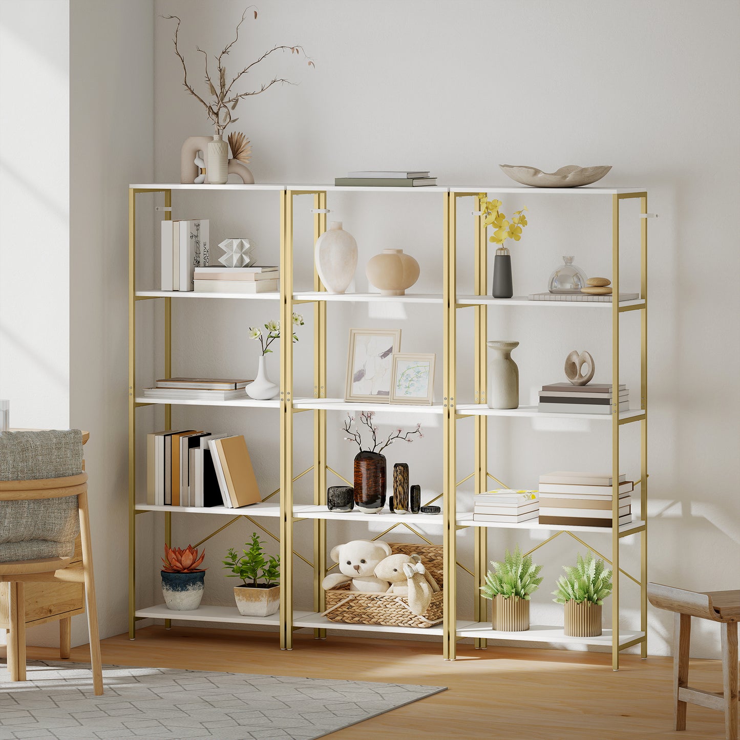 HOMCOM 5 Tier Bookshelf Modern Bookcase With Metal Frame White And Gold Tone Back X Bar Support