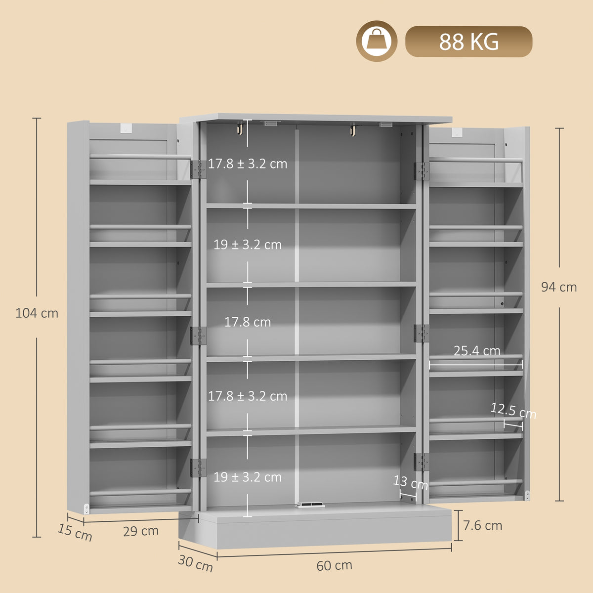 Grey pantry cabinet dimensions diagram with adjustable shelf positions
