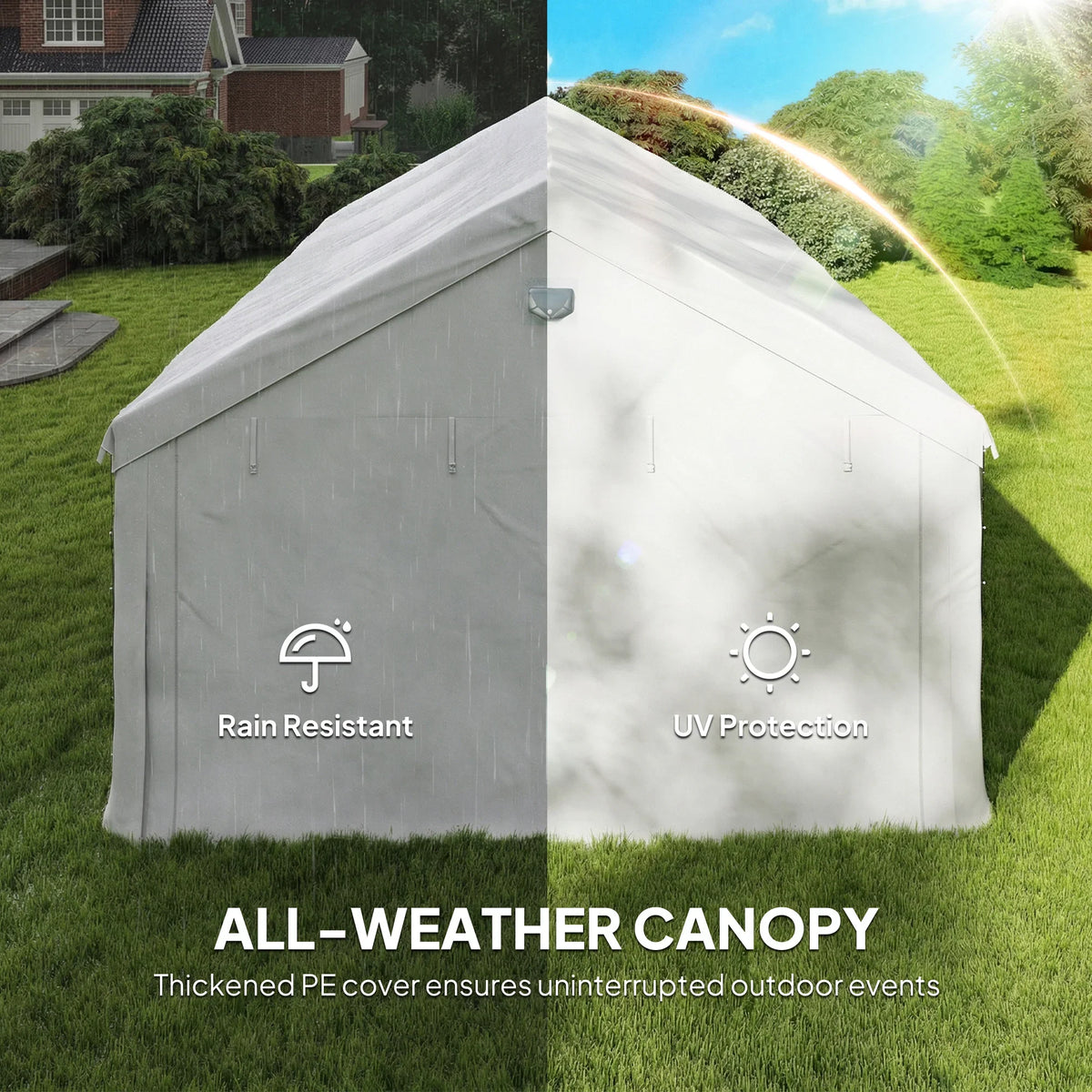Outdoor canopy tent with white fabric cover and arched window sections for all-weather use
