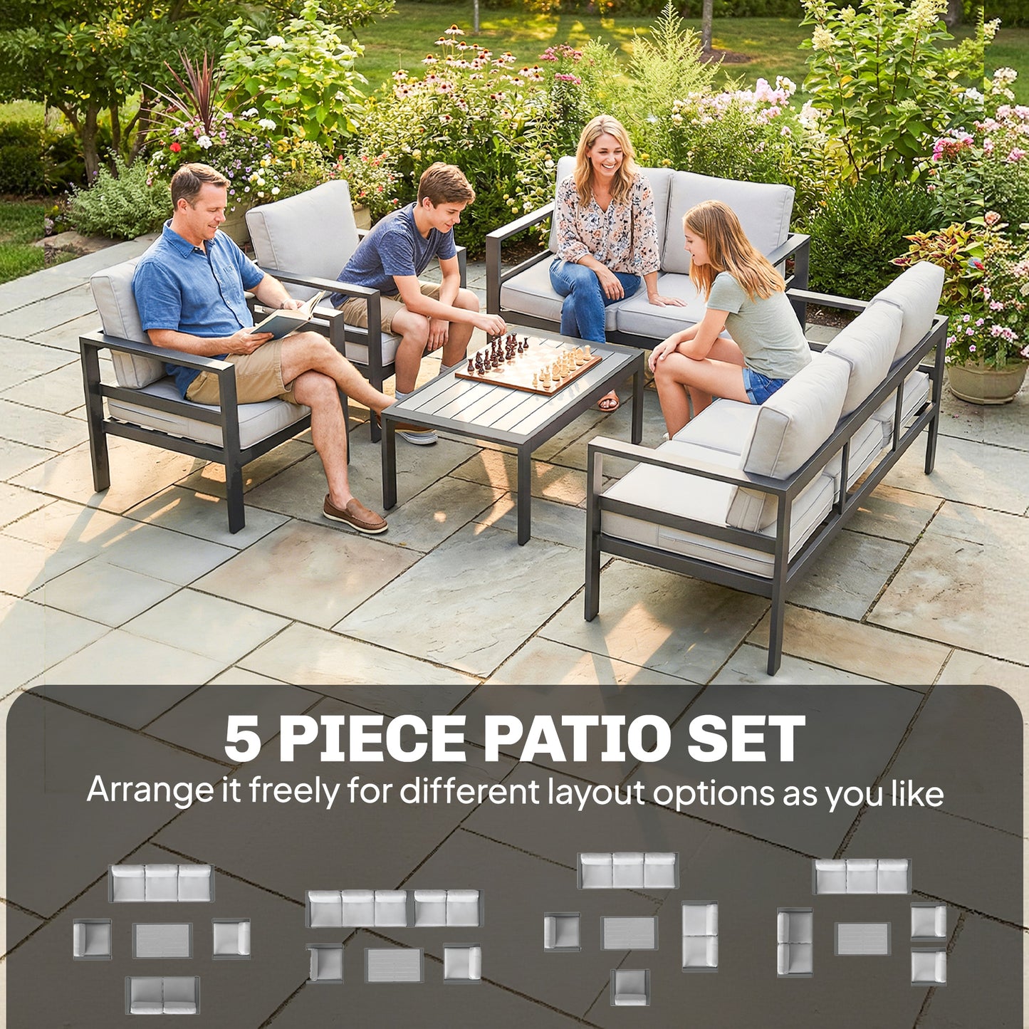 Outsunny 5 Piece Aluminium Garden Furniture Set With Olefin Cushions Extra Deep Outdoor Sofa Dark Grey