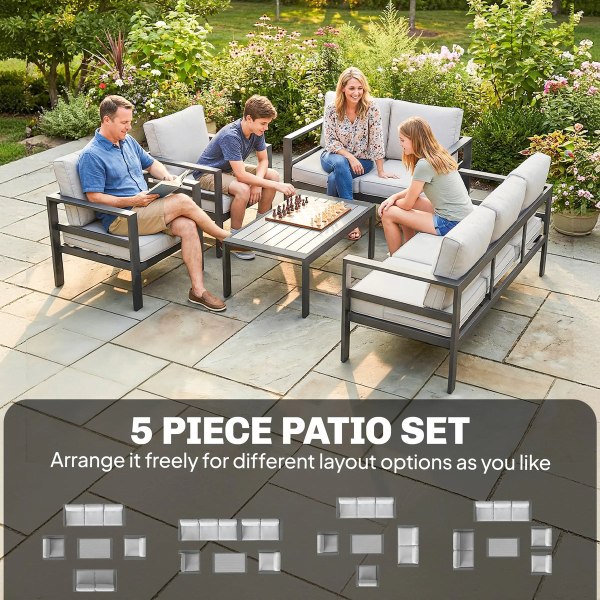 5-piece patio seating set with dark grey frames, light grey cushions, and center coffee table