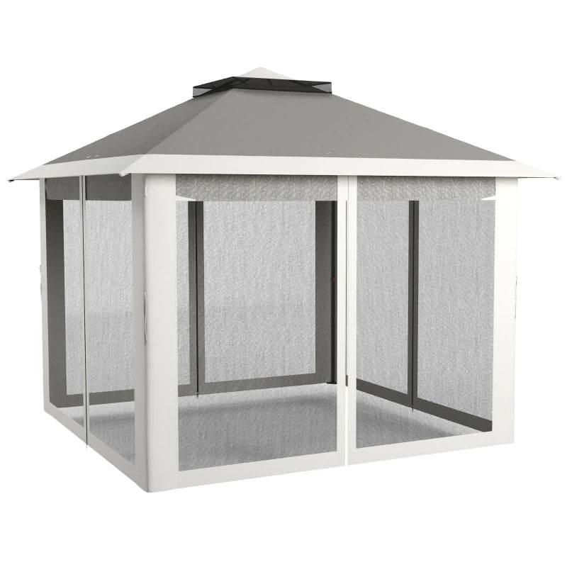 Dark grey pop-up canopy tent with mesh sidewalls and double roof, front view