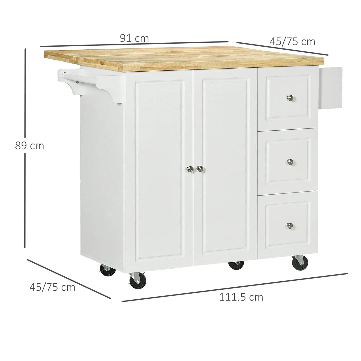 White kitchen island cart with wood top, cabinet doors, and wheel-mounted base with size markings