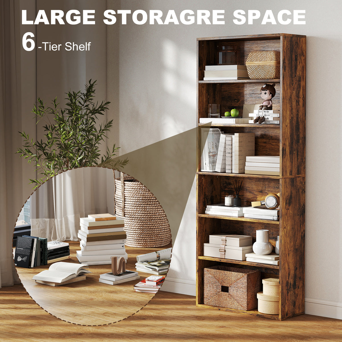 Rustic brown 6-tier bookcase with open compartments for books and decor