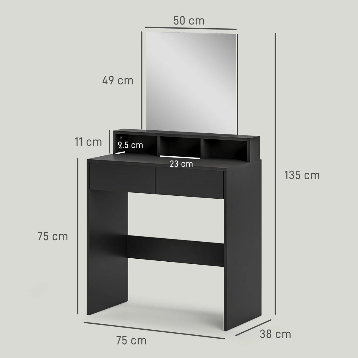 Black vanity dressing table with mirror and drawer, three-shelf open storage unit