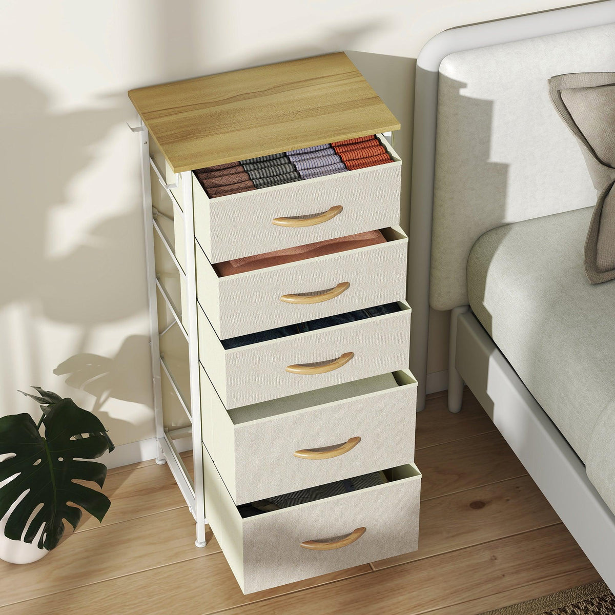 Beige five-drawer fabric storage cabinet with open top drawers and wood pull handles