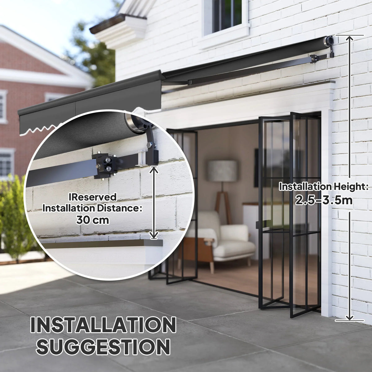 Electric retractable awning installation detail showing bracket distance and mounting height