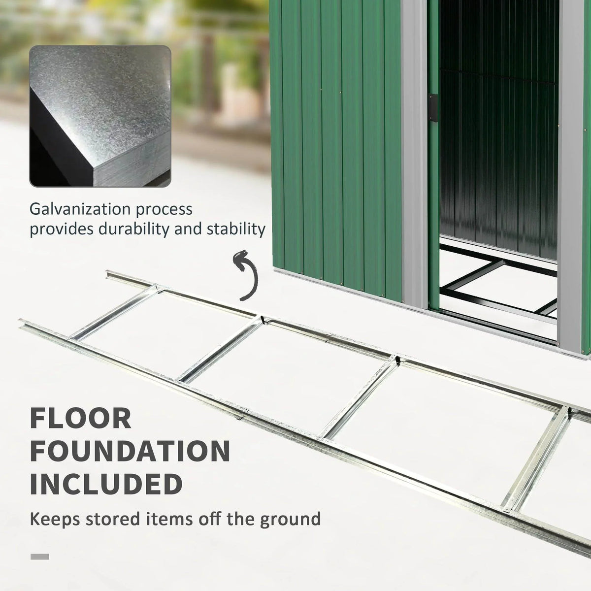 Metal shed floor foundation frame with open doorway and raised base supports