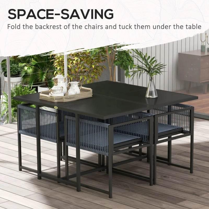 Outdoor dining set with rectangular table and folding-back chairs tucked under