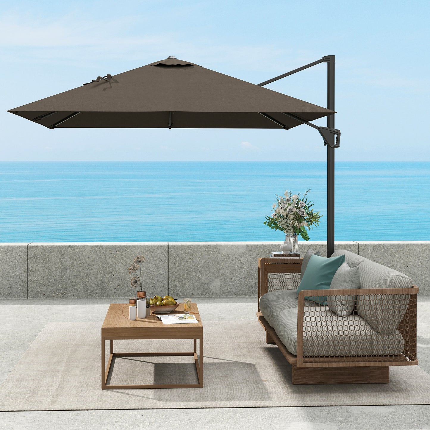 Outsunny Patio Offset Parasol Umbrella With Base Included Tan Aluminium Pole Five Position Adjustable 360 Movement