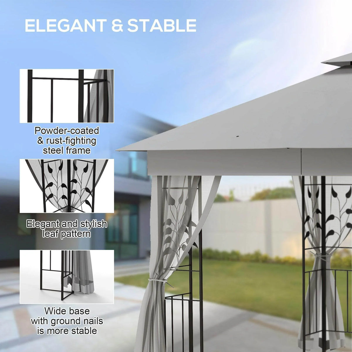 Powder-coated steel gazebo frame with wide base and leaf-pattern netting curtains