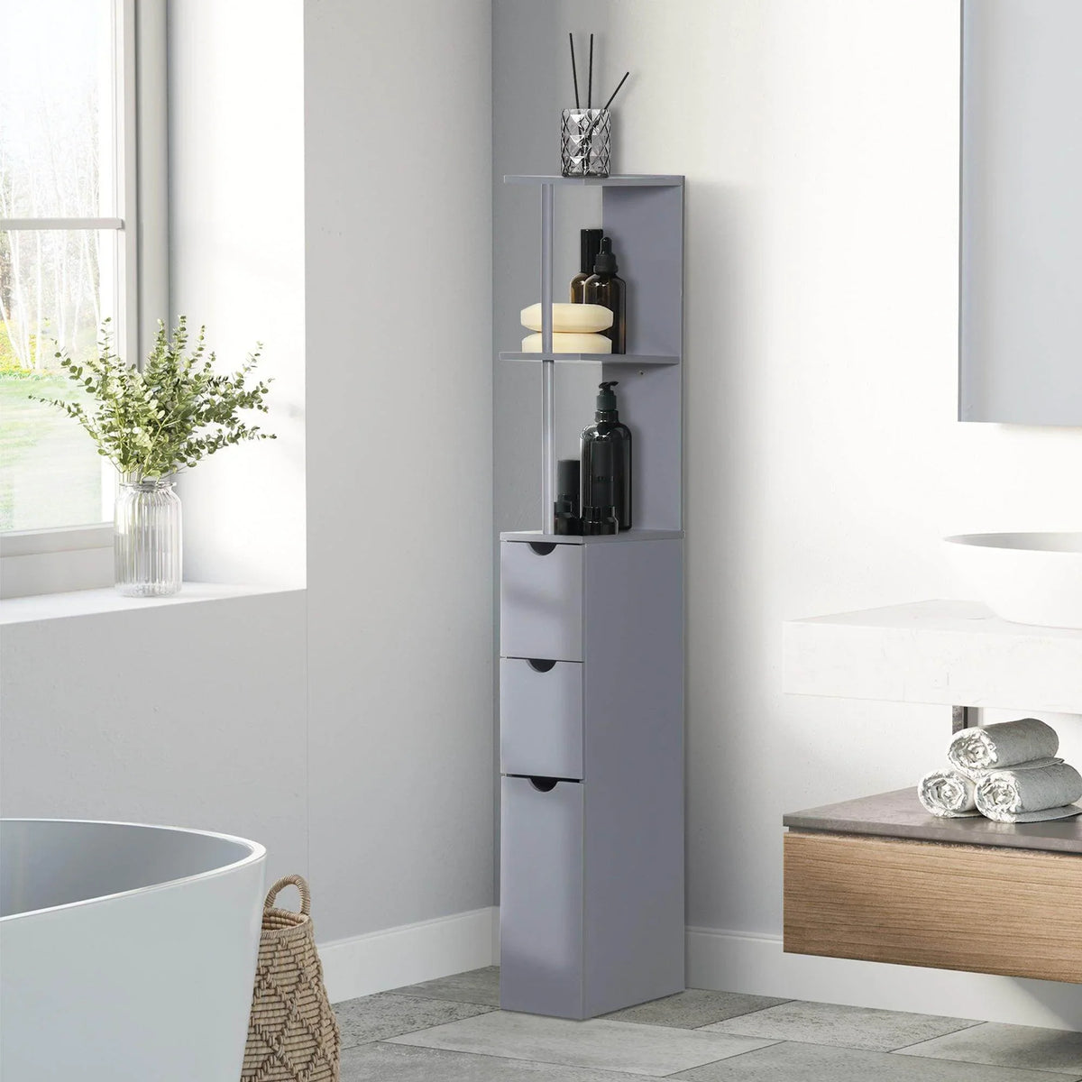 Grey tall bathroom cabinet with open shelves and two pull-out drawers