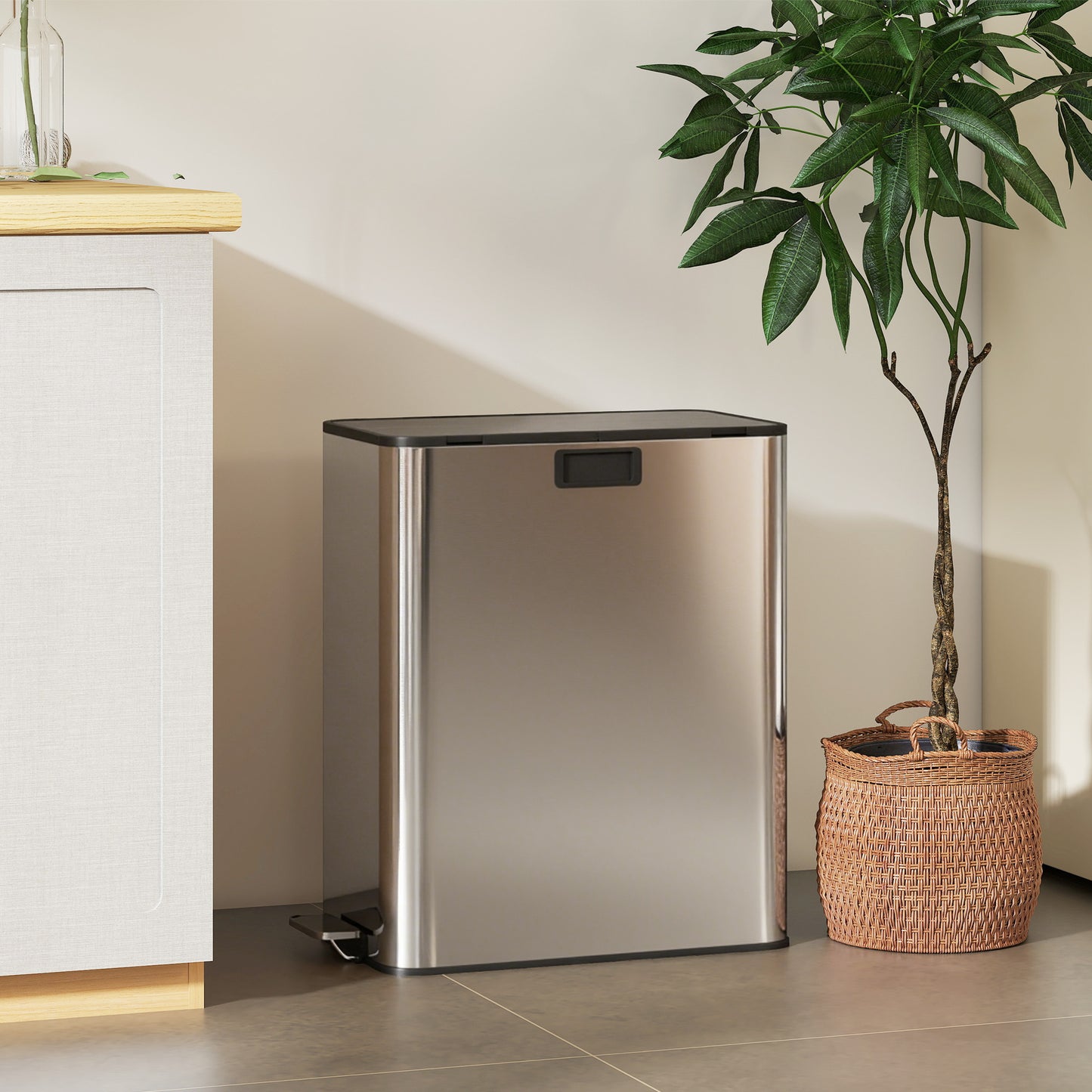 HOMCOM Dual Kitchen Bin With Soft Close Butterfly Lid 2 x 28L Stainless Steel Pedal Bins Fingerprint Proof Silver Tone