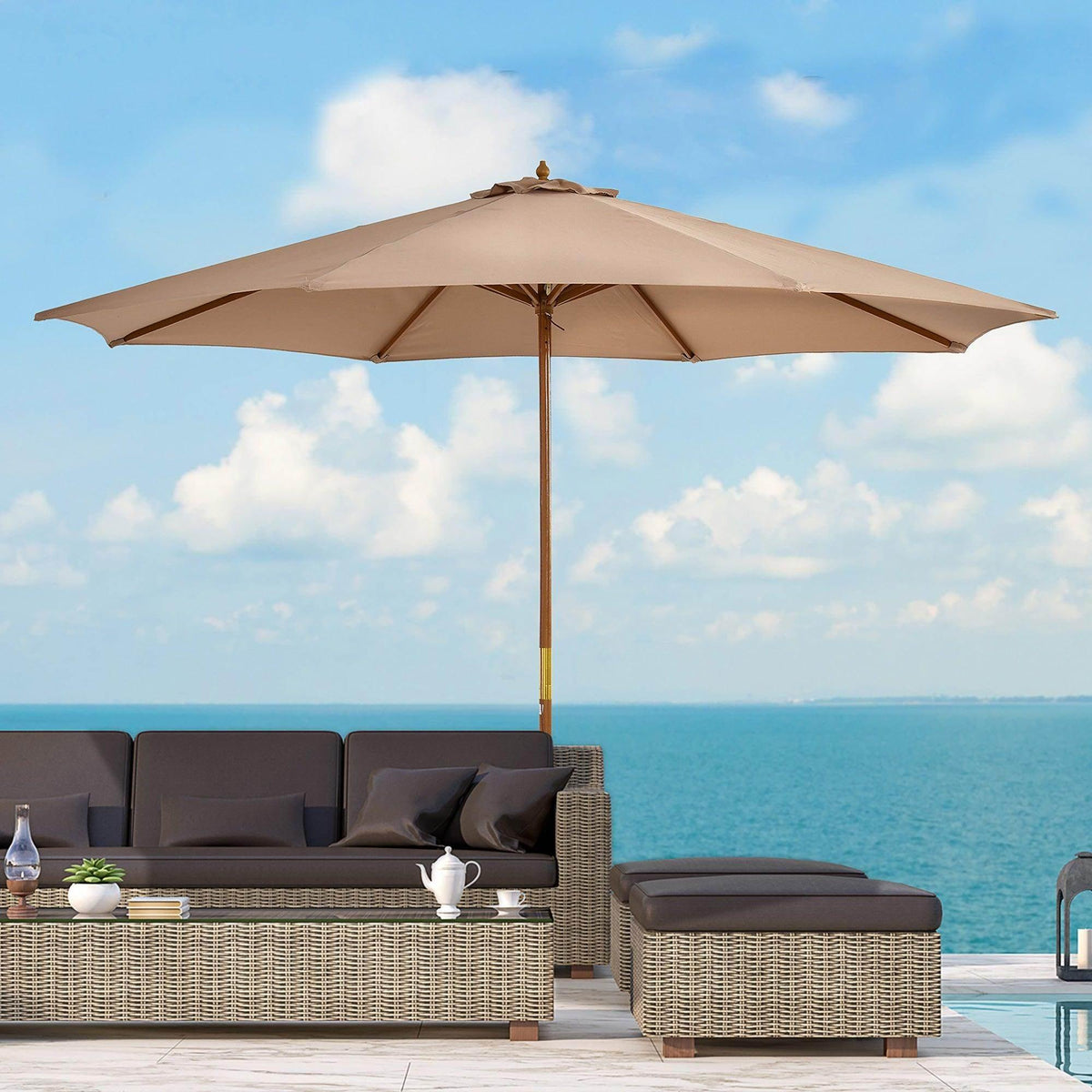 Khaki garden patio umbrella with wooden pole and wide round canopy shade