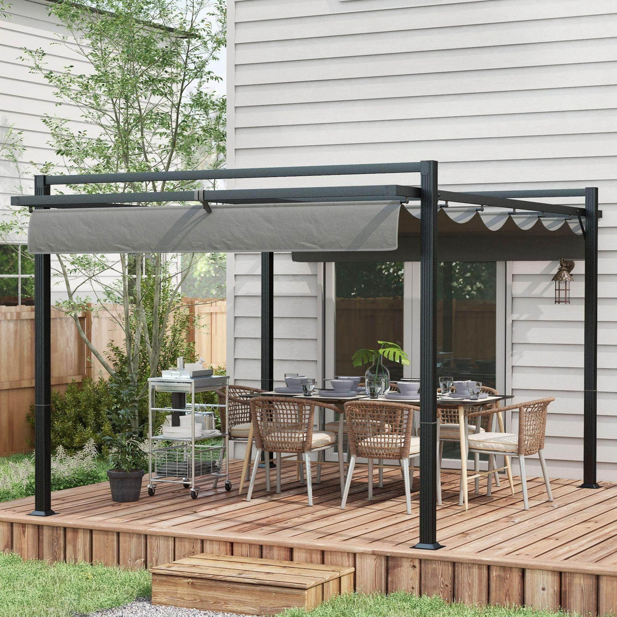 Dark grey retractable pergola with aluminium frame and light-grey canopy over patio