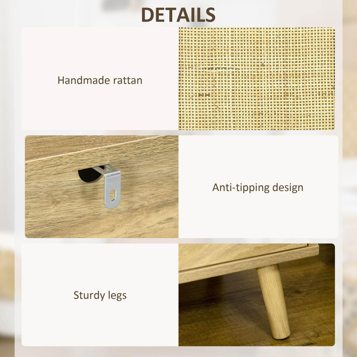 Close-up bedside cabinet details: woven panel, black knob, and sturdy tapered legs, light wood