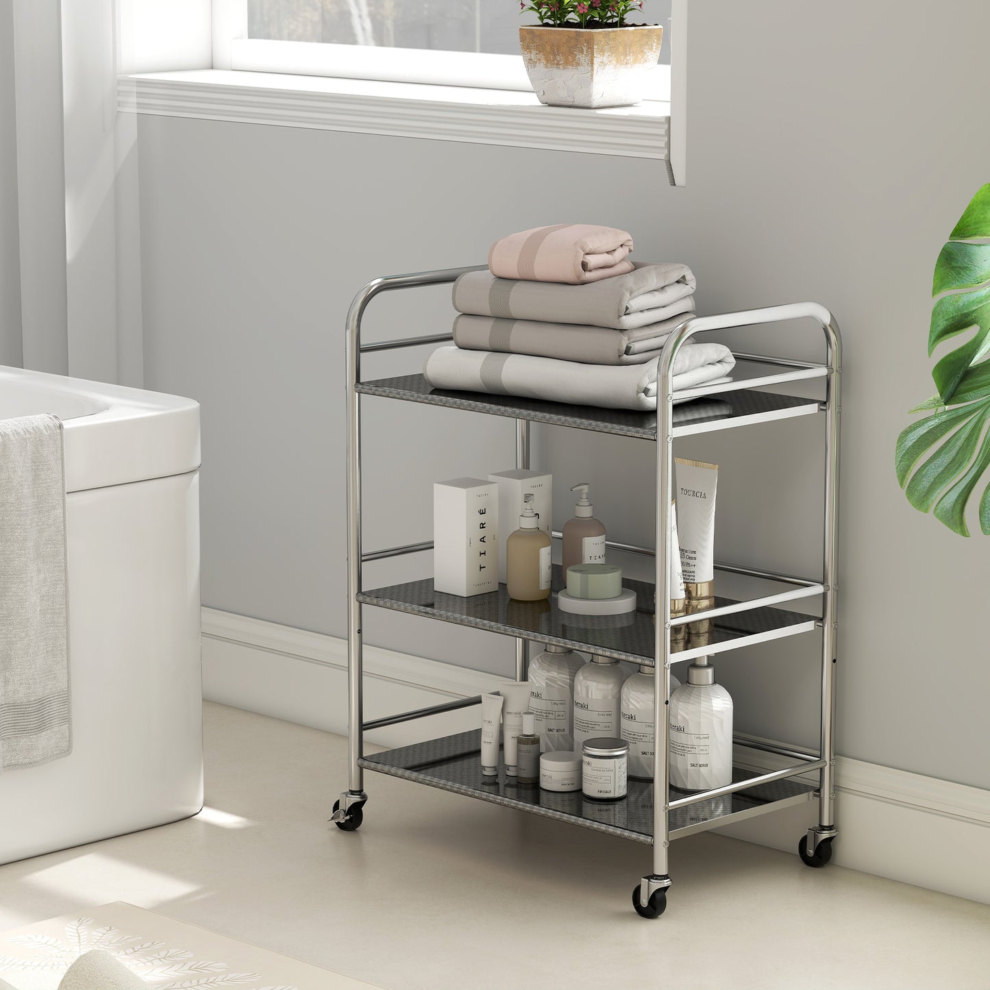 HOMCOM 3 Tier Stainless Steel Kitchen Storage Trolley With Adjustable Middle Shelf Silver Finish