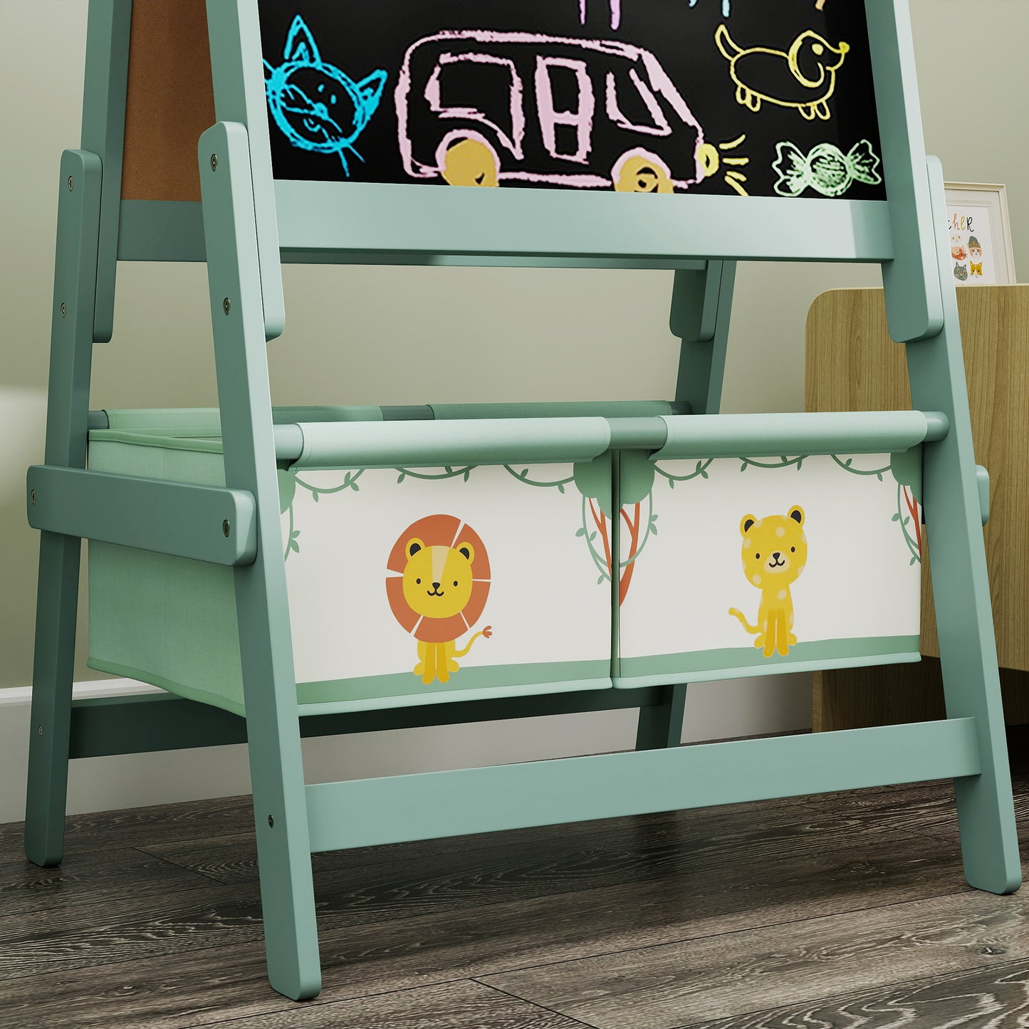 AIYAPLAY Art Easel For Kids Double Sided Whiteboard Chalkboard And Paper Roll Storage Boxes Ages 3 To 8 Green