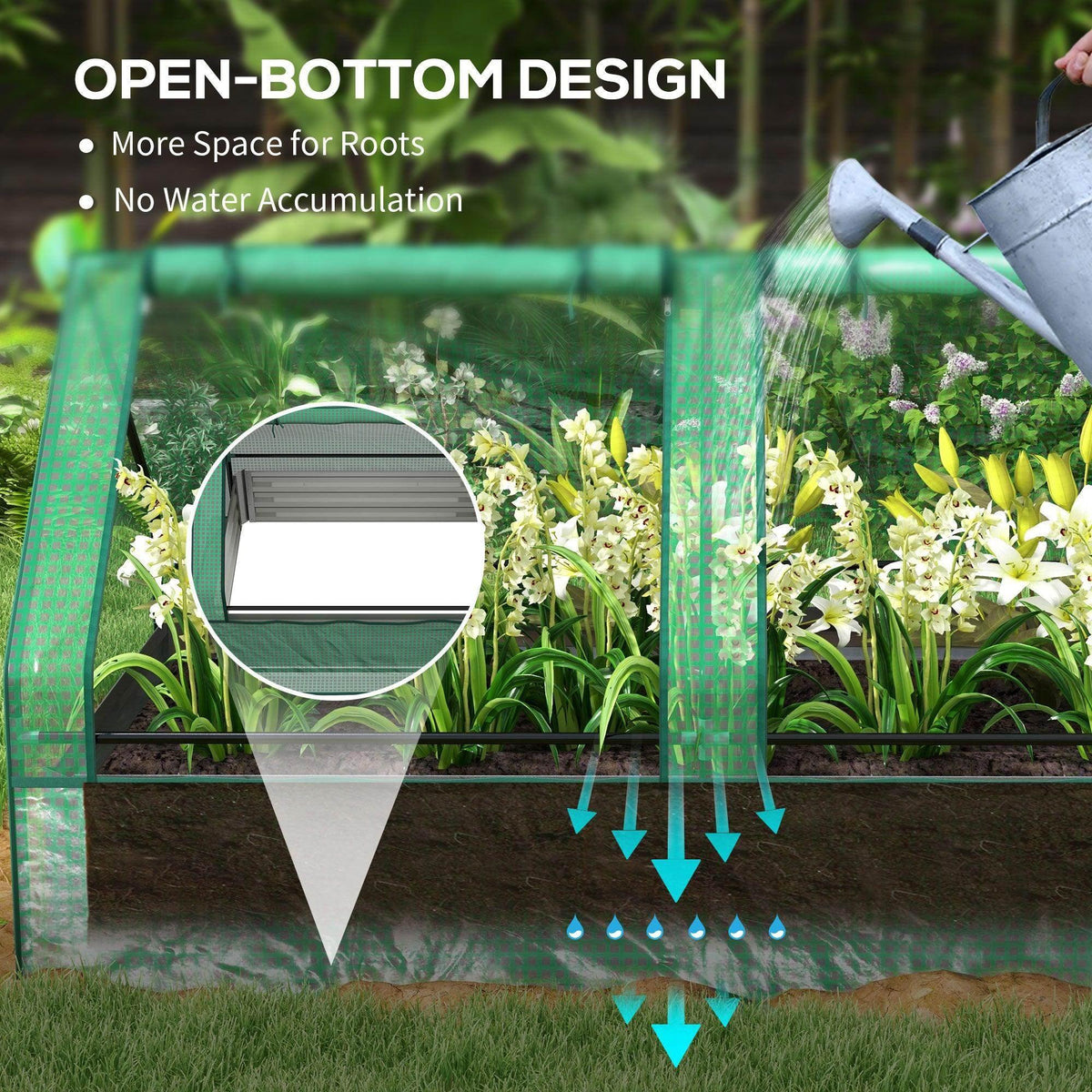 Green greenhouse raised planter bed with open-bottom design for airflow and drainage