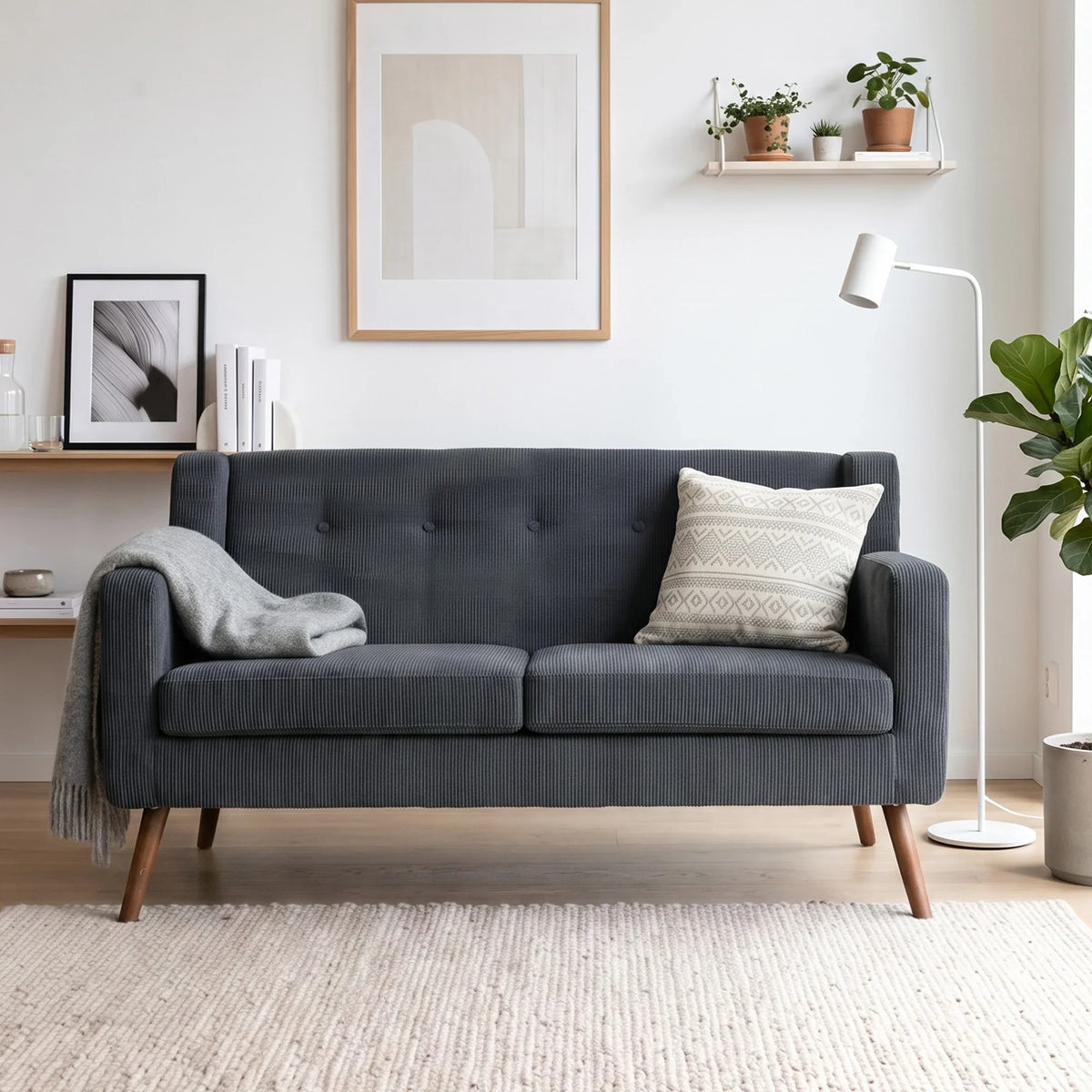 Gray corduroy loveseat with tufted back and two seat cushions, wooden legs