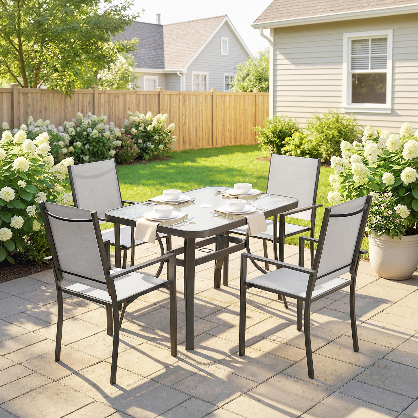 Outsunny Garden Dining Set for 4 with Umbrella Hole and Glass Top Table Stackable Chairs Light Grey