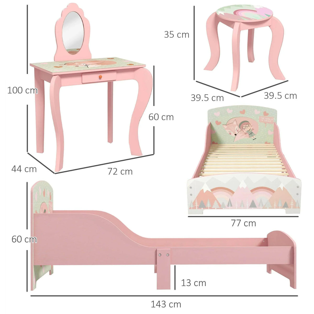 Pink toddler vanity table with oval mirror and matching kids bed frame with safety rails