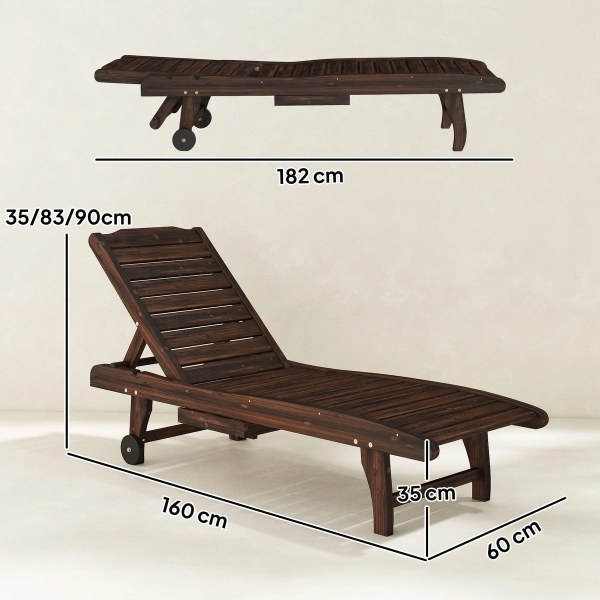 Dark brown wooden sun lounger with adjustable recline, shown with size dimensions