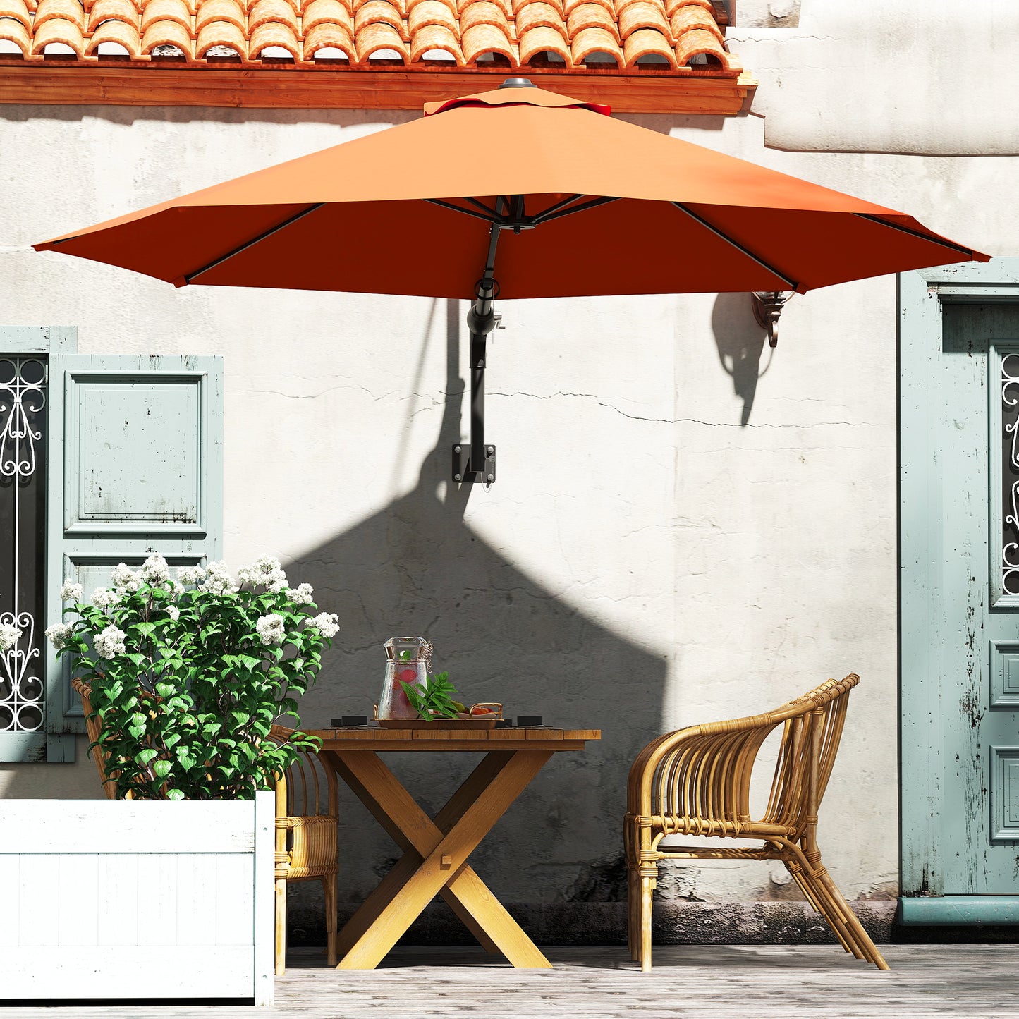 Outsunny 3M Wall Mounted Parasol Shade With Handle Orange Outdoor Garden Patio Canopy